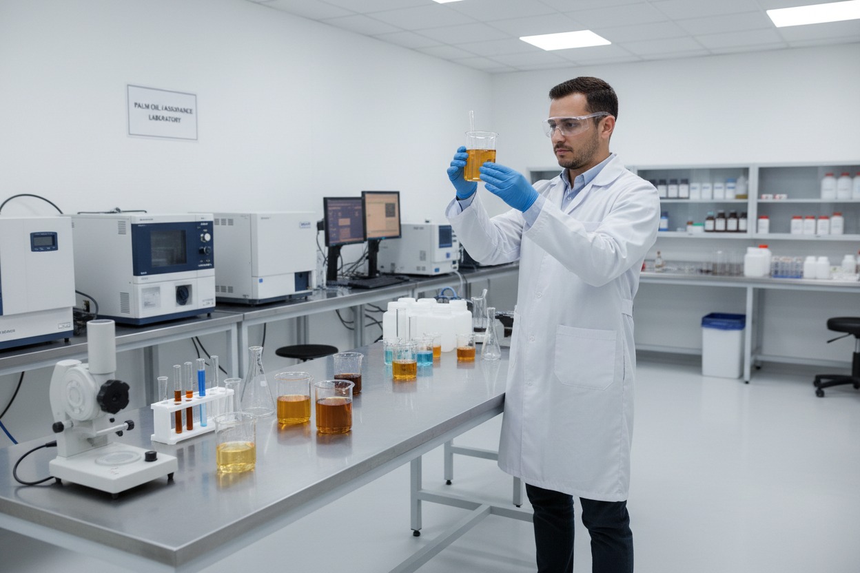 A male scientist in a white coat and safety goggles examines a beaker of amber liquid in a bright laboratory.