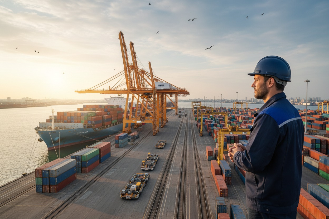 A port worker in a blue uniform and hard hat looks out over a busy container terminal with large cranes and a cargo ship.
