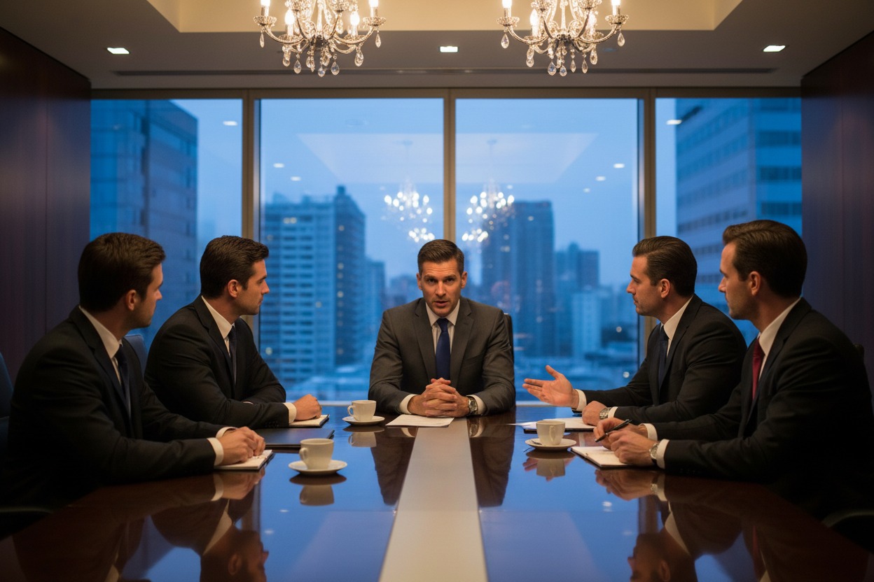 Five businessmen in suits hold a meeting around a polished conference table with city views in the background.